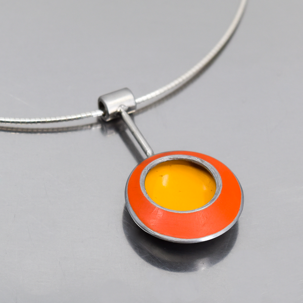 Mildred - Ford pendant featuring original 74 Ford orange and 72 Ford yellow paint on sterling silver cable.