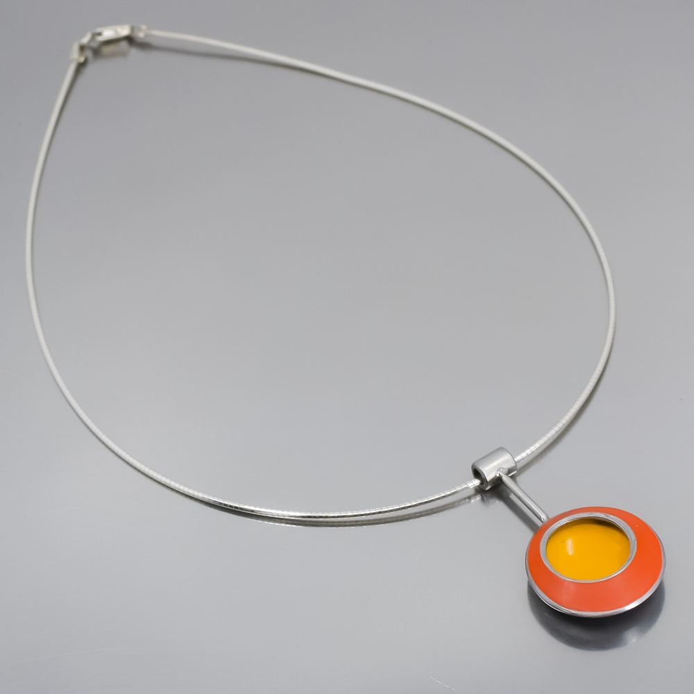 Mildred - Ford necklace pendant with original 74 Ford orange car paint on sterling silver cable.