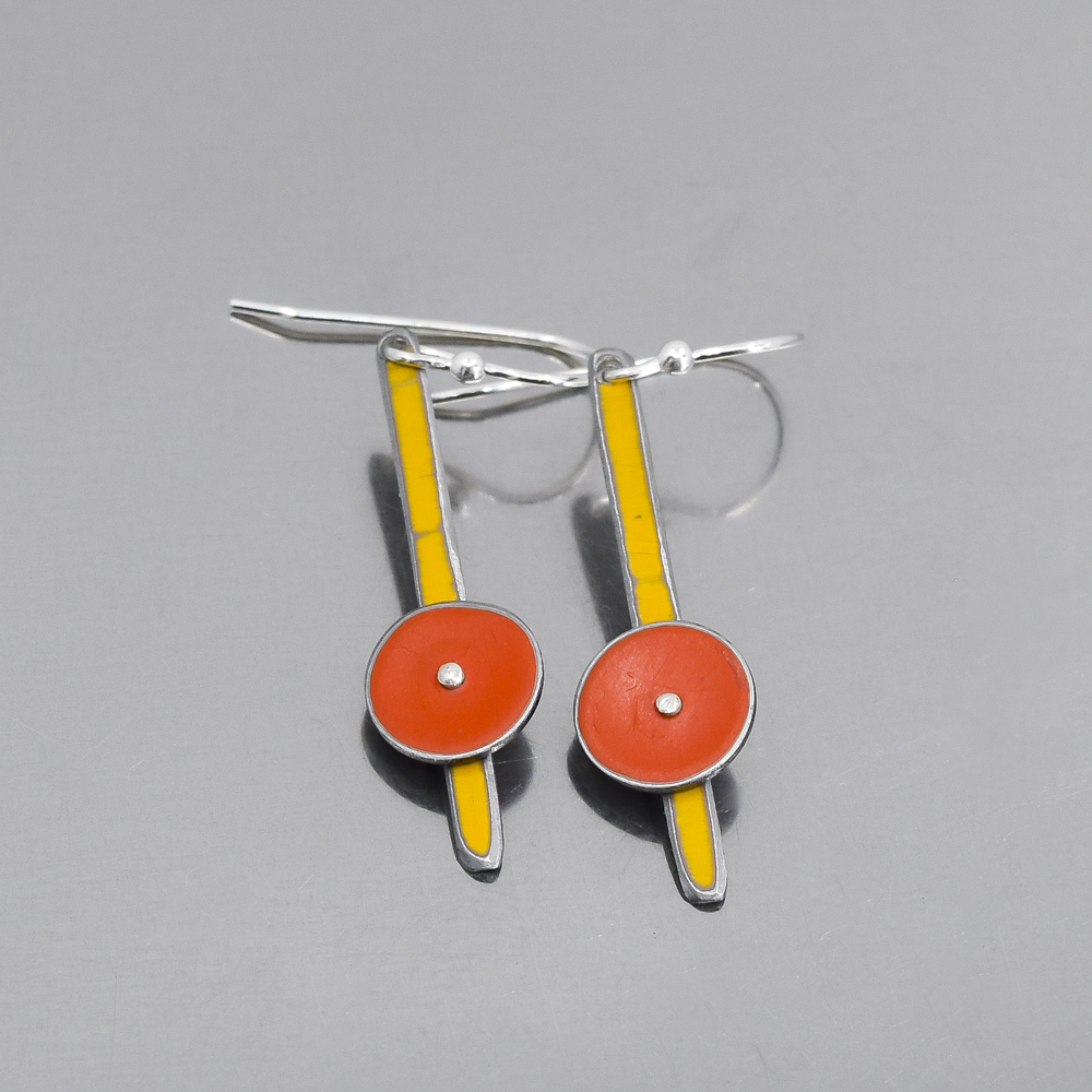 Beatrice - Ford earrings with yellow and orange car paint accents and sterling silver ear wires on a gray background.