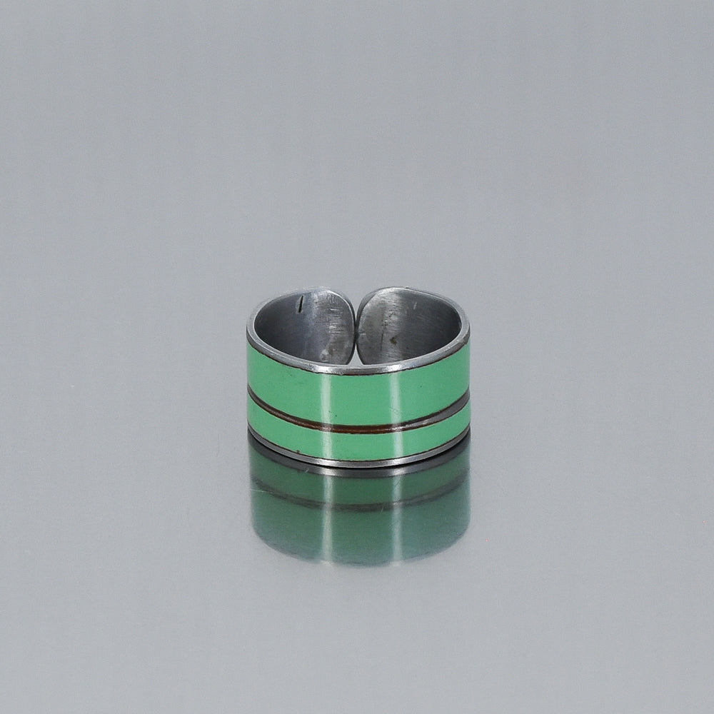 Adjustable Sonnie ring made from 75 Dodge forest service truck with original green paint, 3/8 inch wide band.