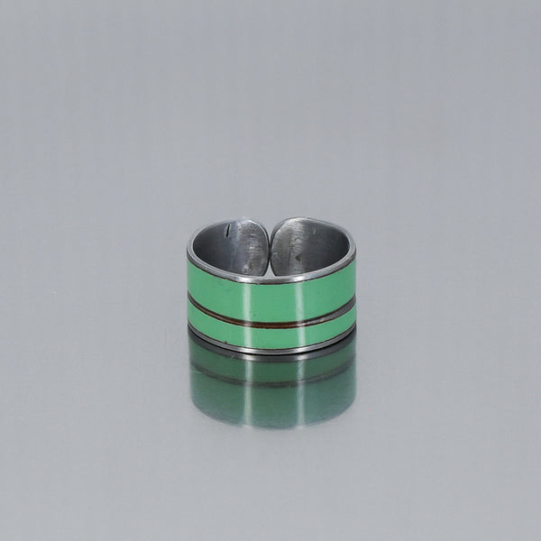 Adjustable Sonnie ring made from 75 Dodge forest service truck with original green paint, 3/8 inch wide band.