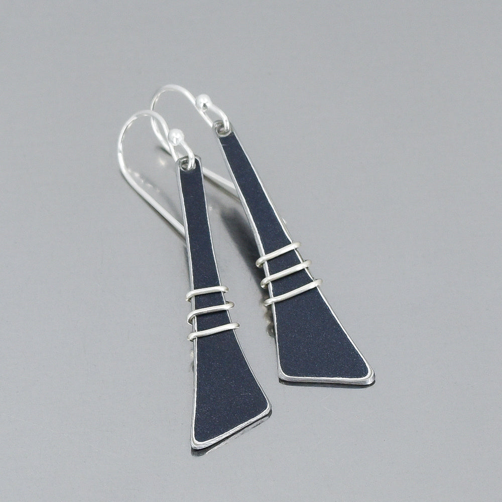 Sterling silver wire wrapped earrings inspired by 2021 Mercedes Sprinter car paint, 1 3/4" long, minimalist design.