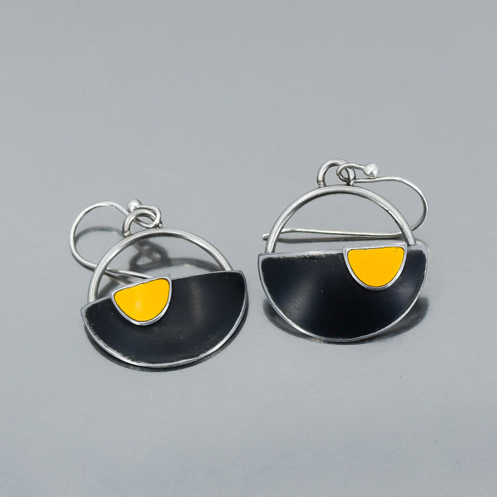 Sterling silver earrings featuring black and yellow enamel inspired by 68 GMC and 72 Ford pickup trucks with original car paint.