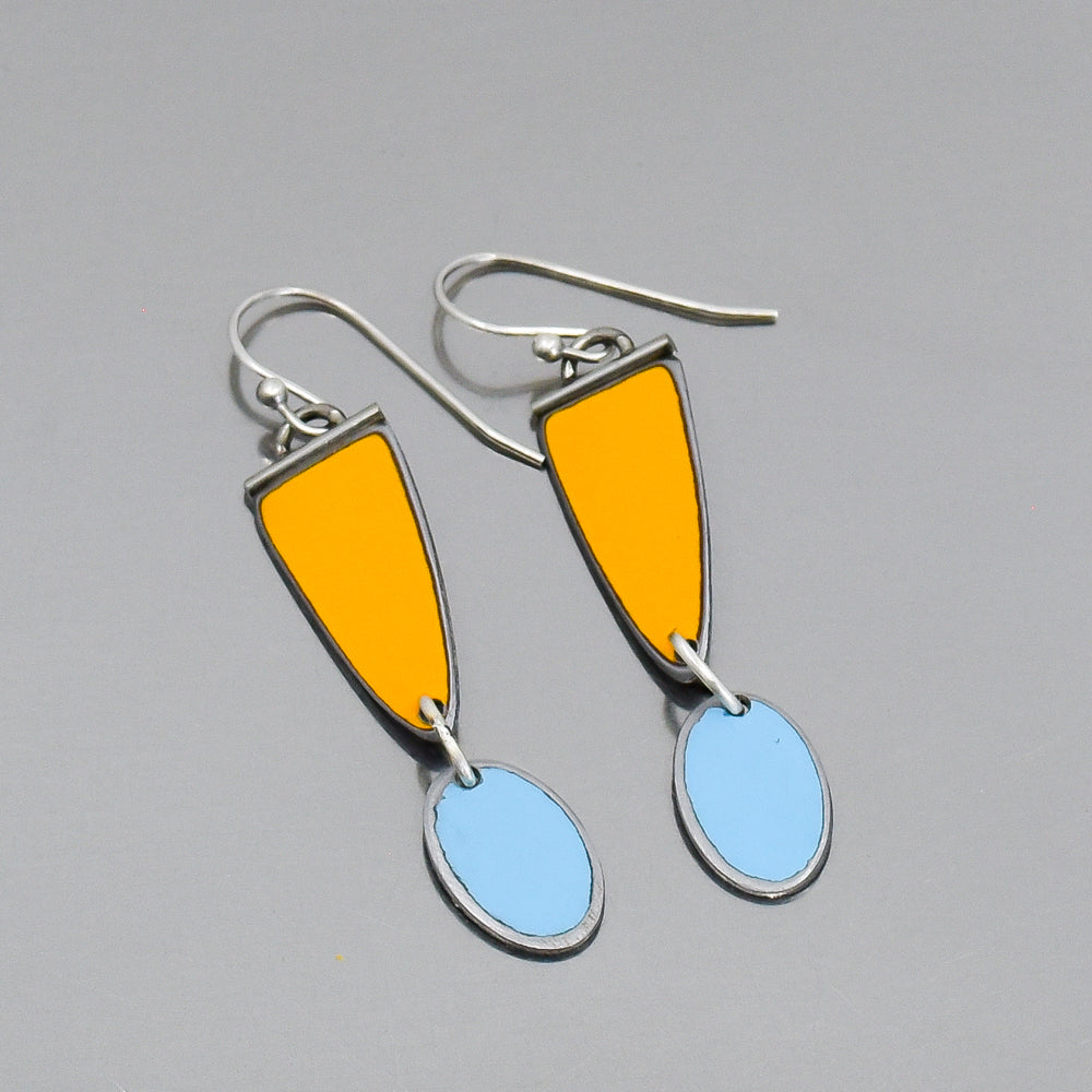 yellow and blue light weight earrings handmade using vintage car parts with the original car paint intact. Joyride Jewelry. Jewelry made from vintage car parts. 
Fun, unique, original, colorful
sustainable, recycled 
Statement jewelry