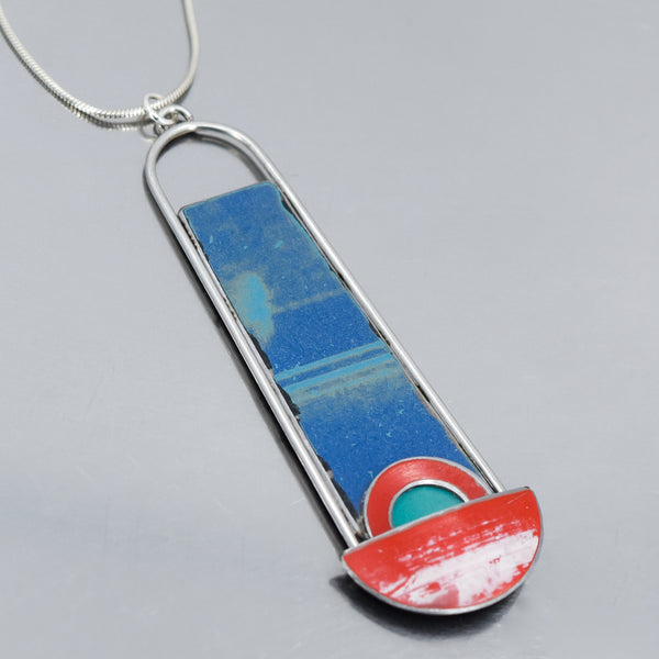 Sterling silver pendant necklace with blue 1960 Chevy El Camino and red turquoise 1961 Ford Falcon details