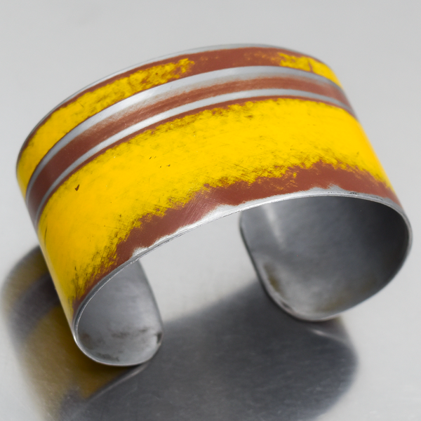 Frankie - Ford pickup cuff bracelet featuring original yellow car paint and adjustable fit for wrists.