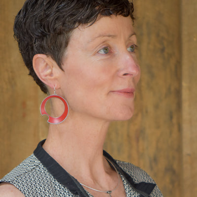Shirley - Ford Thunderbird earrings worn by model, made with original car paint and sterling silver ear wires.