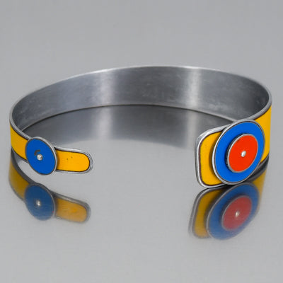 Billie - Ford & AMC bracelet with original 72 Ford pickup yellow paint and blue and orange accents on metal band.