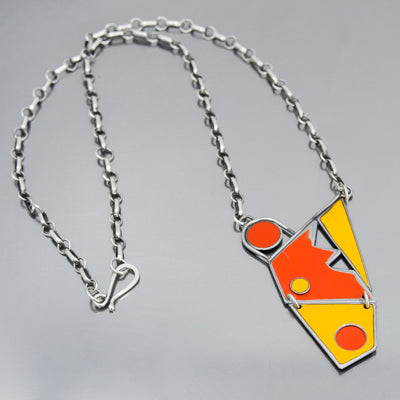Lottie - Ford necklace with orange and yellow Ford F150 paint pendant on oxidized sterling silver chain.
