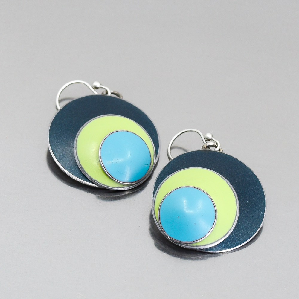 Winifred - Pontiac, Plymouth, Ford earrings with original car paint and sterling silver ear wires on gray background.