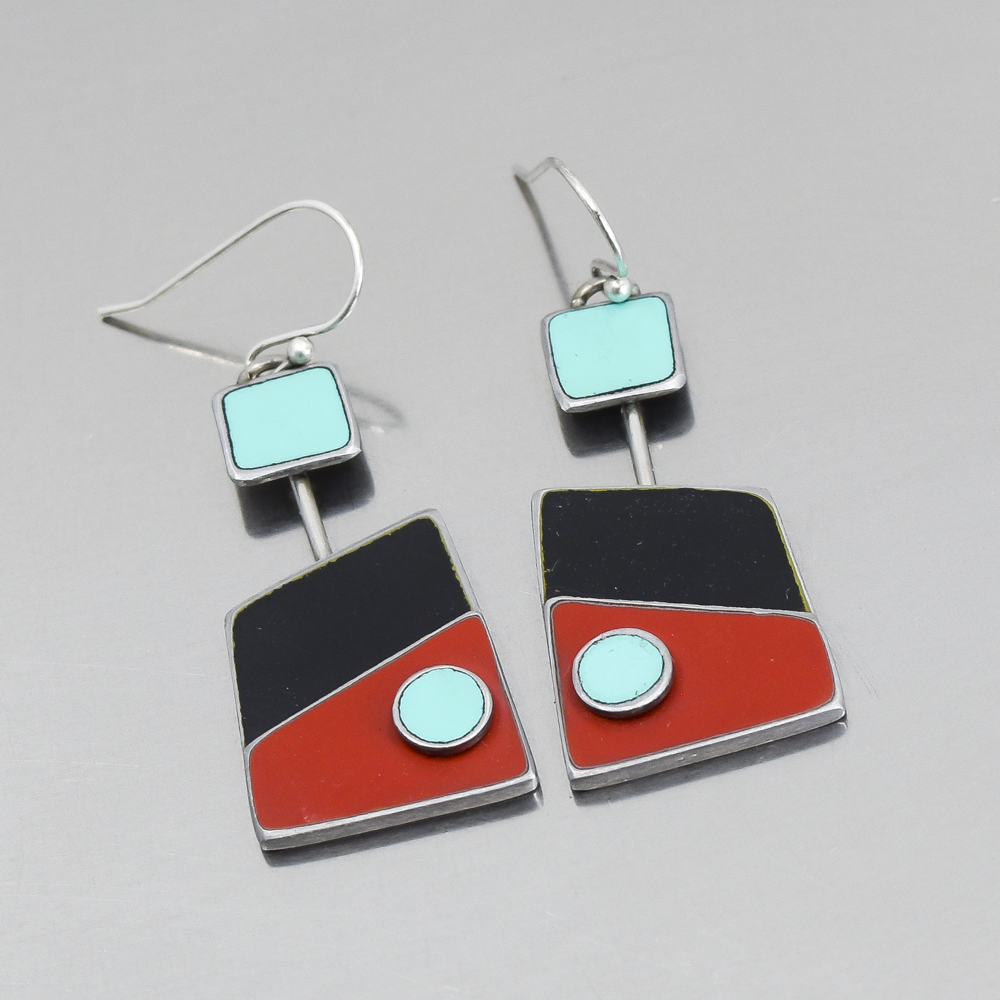 Ada - Dodge, GMC, Mercury earrings with turquoise, black, red enamel and sterling silver ear wires.