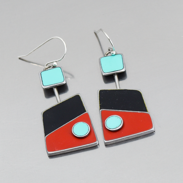 Ada - Dodge, GMC, Mercury earrings with turquoise, black, red enamel and sterling silver ear wires.