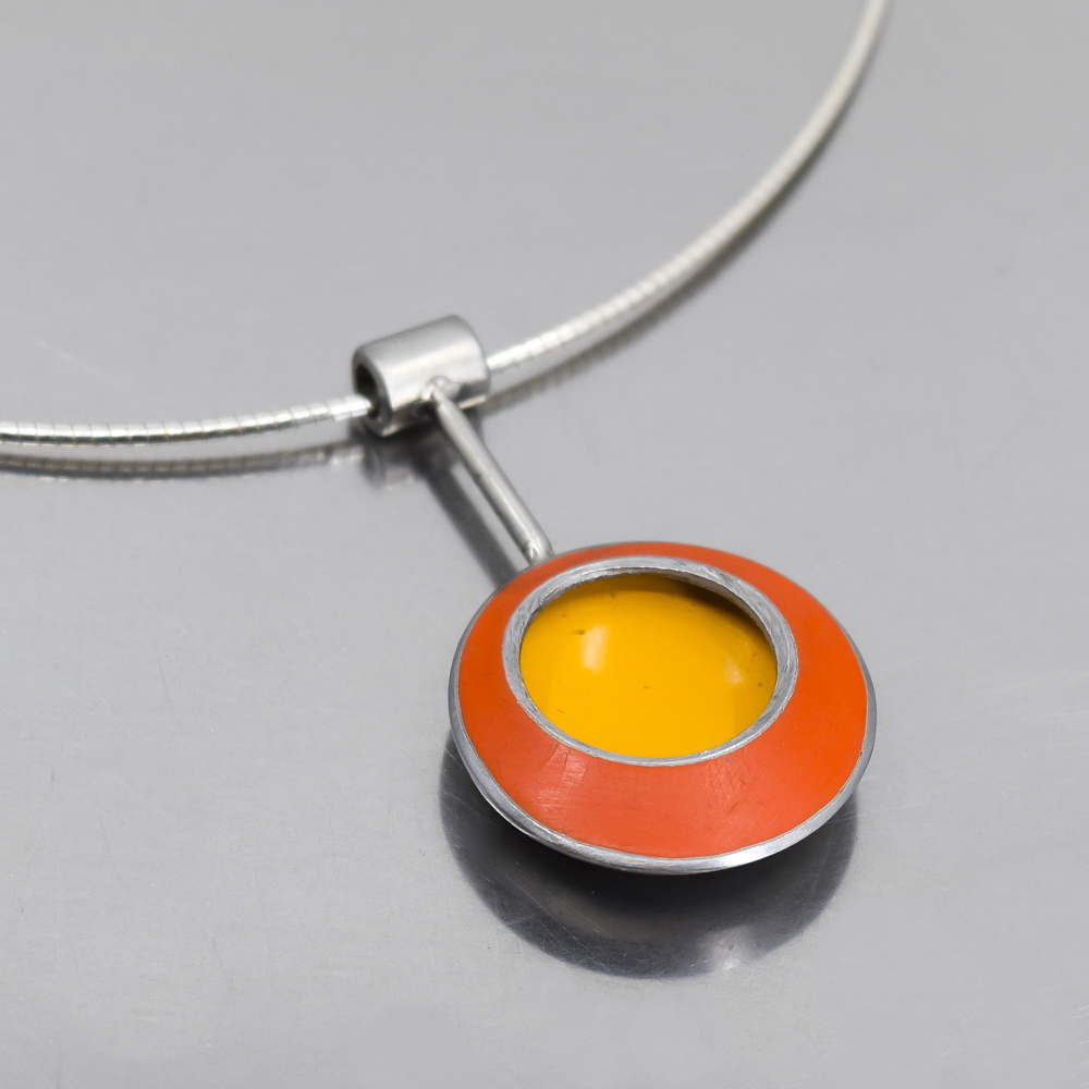 Mildred - Ford pendant featuring original 74 Ford orange and 72 Ford yellow paint on sterling silver cable.