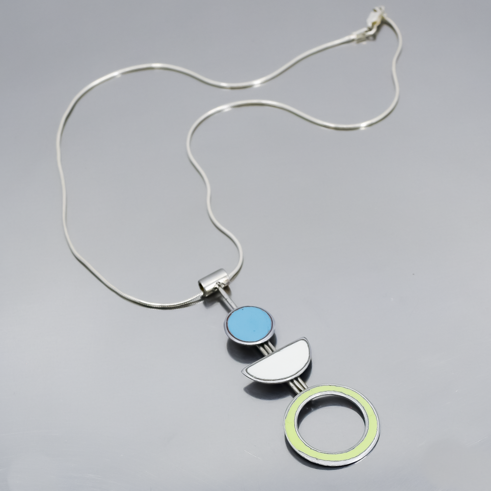 Beverly - Ford & Plymouth necklace with turquoise, white, and green car paint pendants on sterling silver chain.
