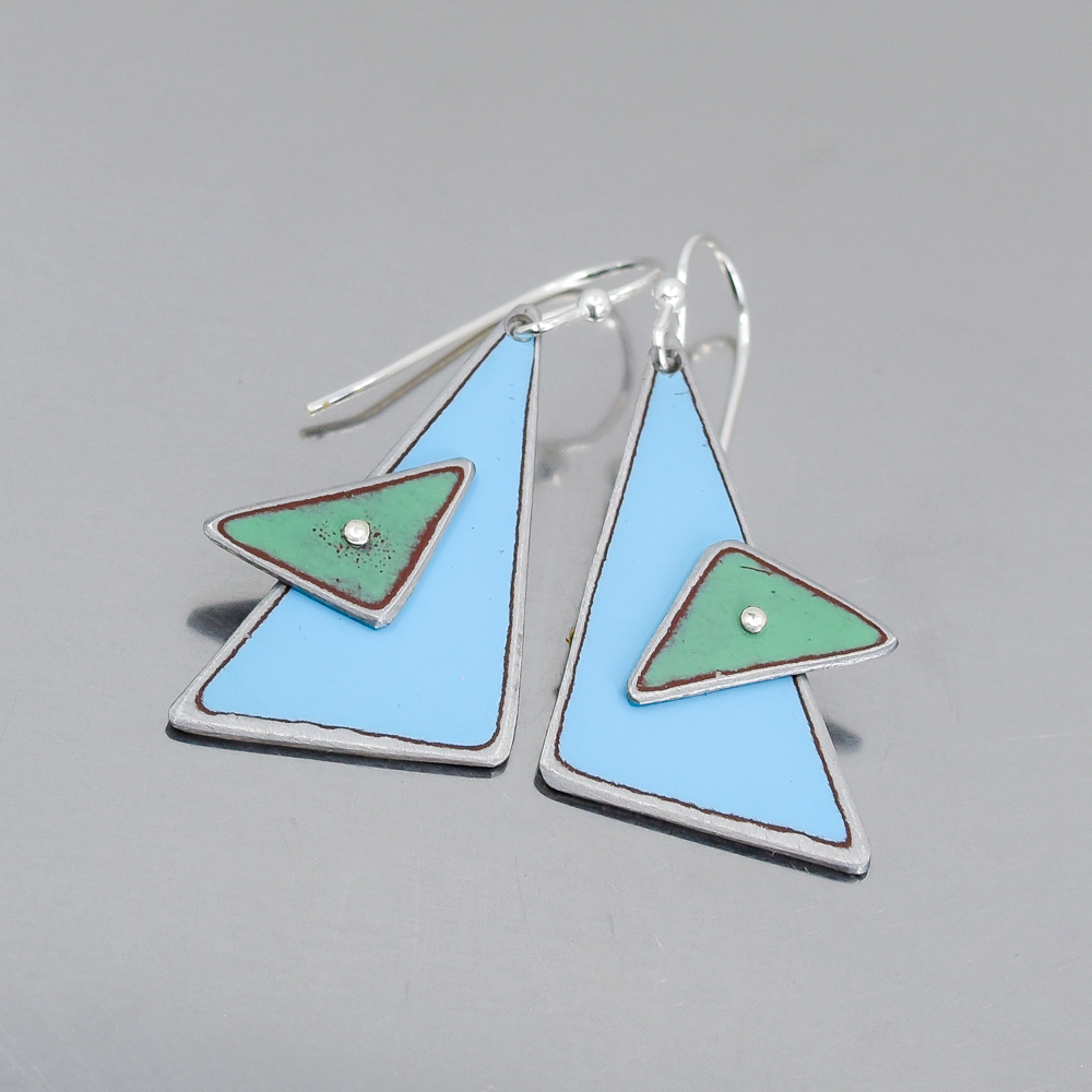 Leola - Oldsmobile & Dodge earrings with blue and green car paint, sterling silver ear wires, geometric design.
