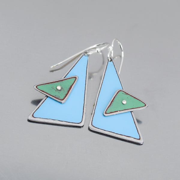 Leola - Oldsmobile & Dodge earrings with blue and green car paint, sterling silver ear wires, geometric design.