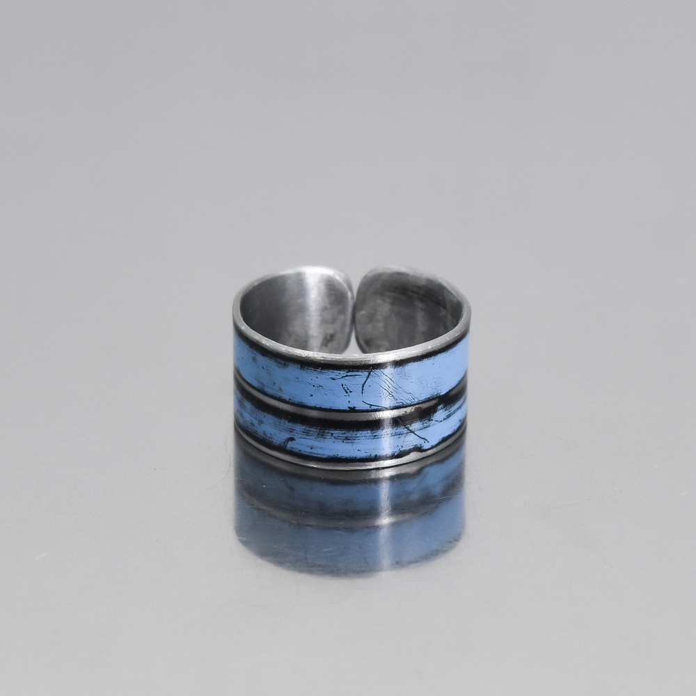 Delmar - Chevy pickup ring with original blue car paint, adjustable size 8.5 to 9, 3/8 inch wide band.