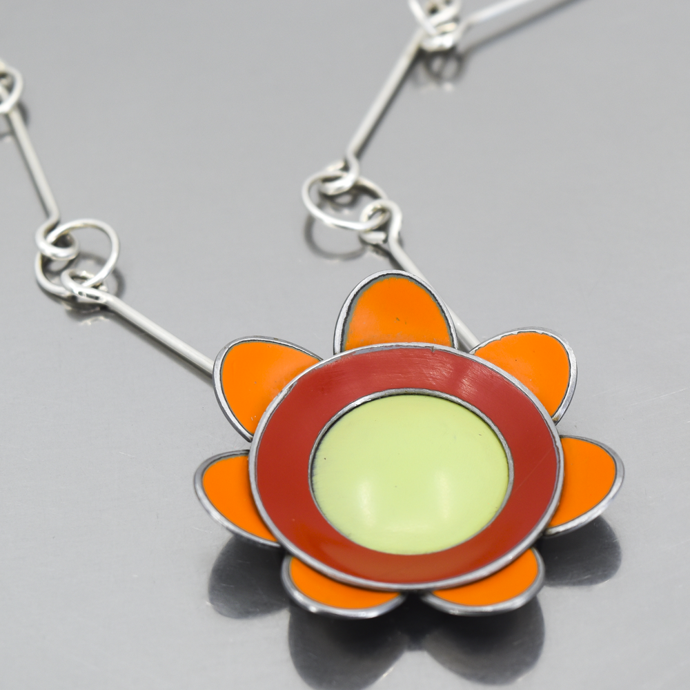 Erma - AMC, Mercury, Plymouth pendant necklace with original car paint on oxidized sterling silver chain, flower design