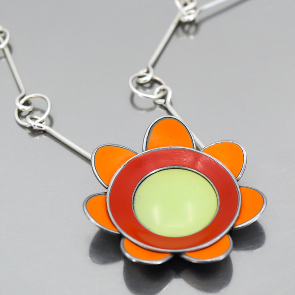 Erma - AMC, Mercury, Plymouth pendant necklace with original car paint on oxidized sterling silver chain, flower design