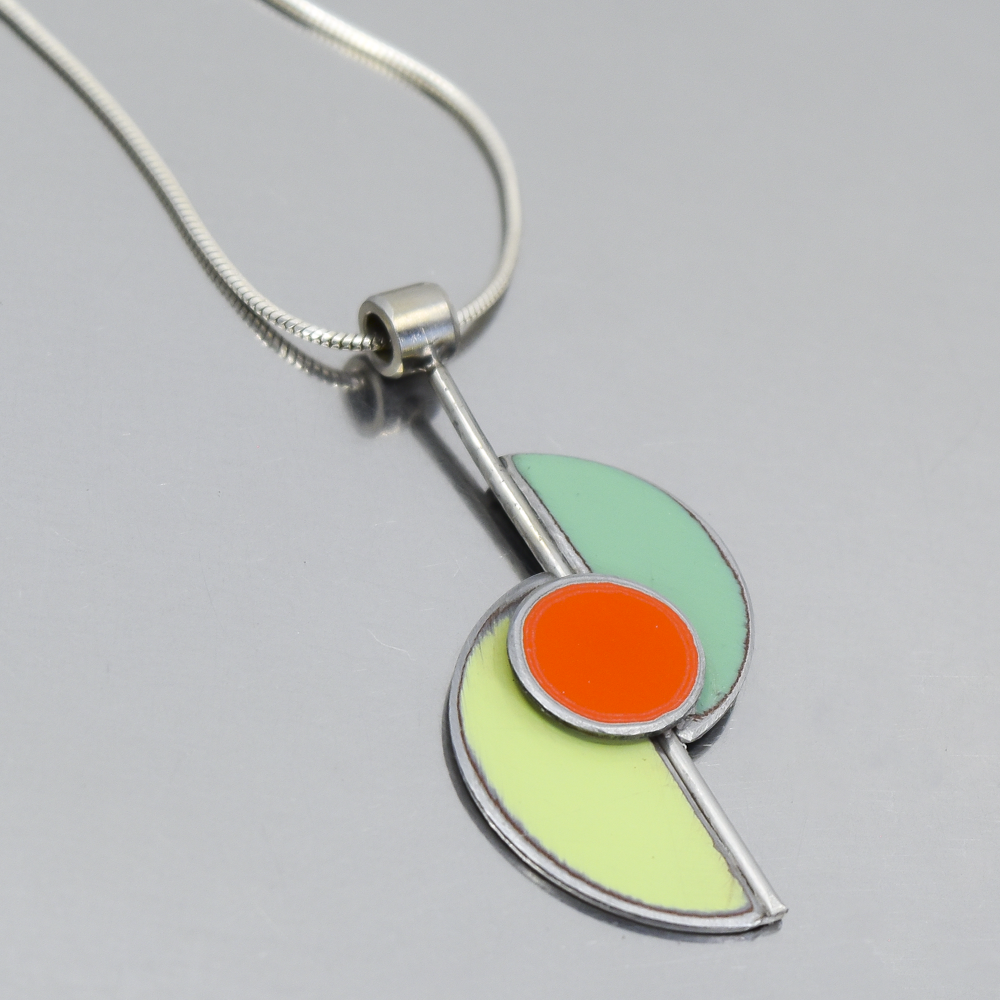 Beverly - Plymouth, Ford, Dodge pendant necklace with original car paint in light green, orange, and turquoise colors.