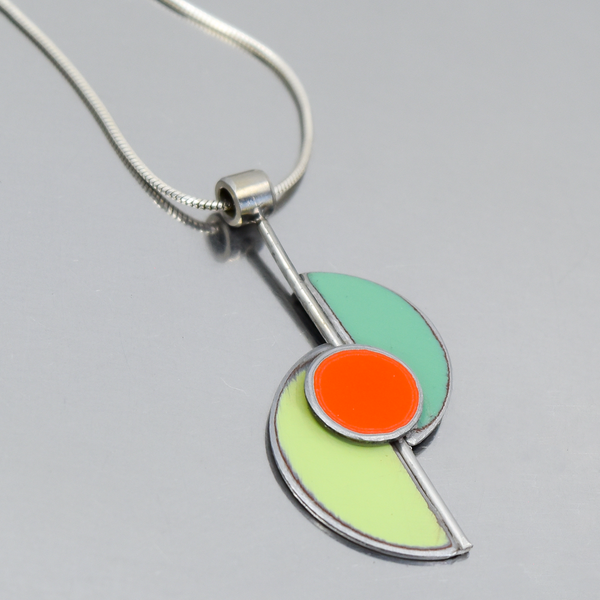 Beverly - Plymouth, Ford, Dodge pendant necklace with original car paint in light green, orange, and turquoise colors.