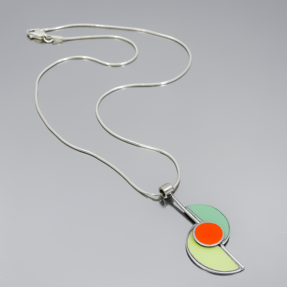 Beverly - Plymouth, Ford, Dodge pendant necklace with original car paint and sterling silver chain on gray background.