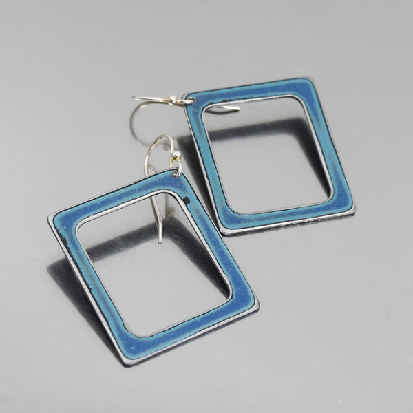 Rhonda - Chevy El Camino earrings with blue enamel and sterling silver ear wires on gray background.