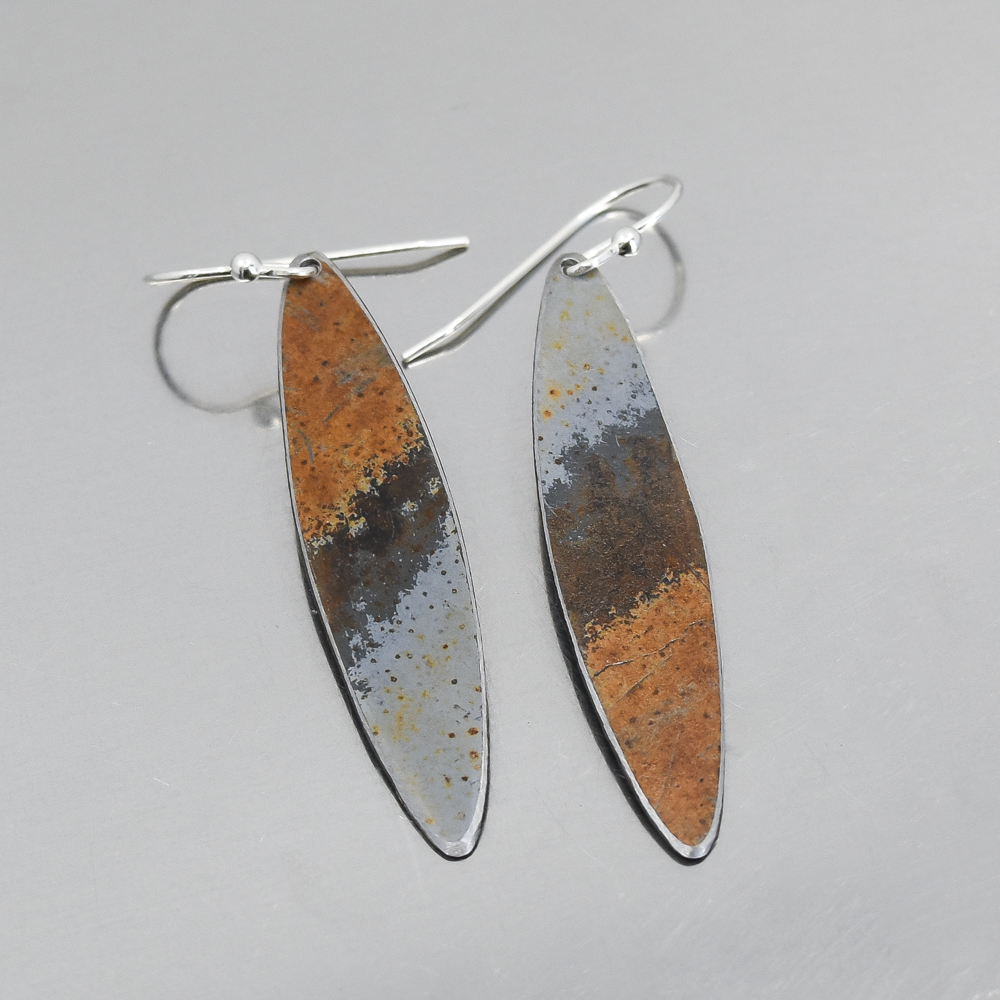Effie - Dodge pickup earrings crafted from 86 Ford Bronco paint with sterling silver ear wires, 2 inches long.