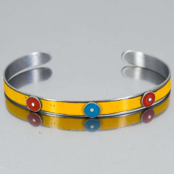 Emril - Ford, Mercury, Mazda bracelet with yellow, red, and blue original car paint accents on silver band.