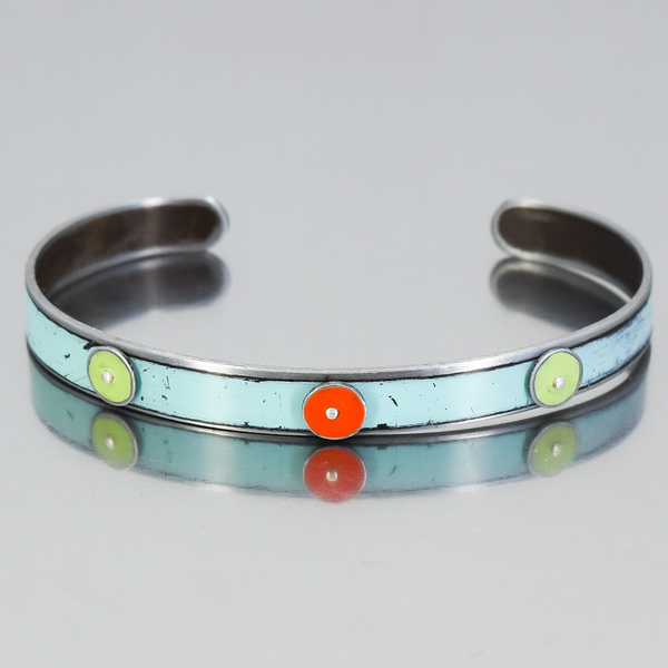 Emril - AMC, Plymouth, Ford bracelet featuring turquoise, green, and orange original car paint accents on silver band.