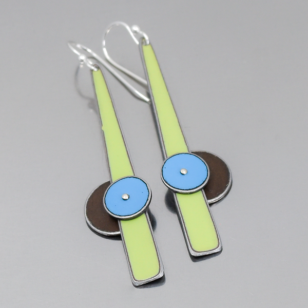 Judith - Plymouth, Oldsmobile, Chevy earrings with green, dark brown, and blue accents on sterling silver hooks.