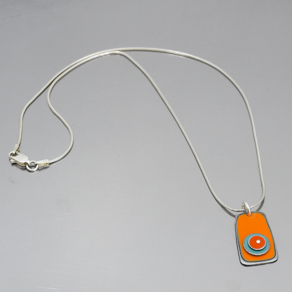 Marion - Dodge & Ford necklace with orange and turquoise truck paint pendant on sterling silver snake chain.