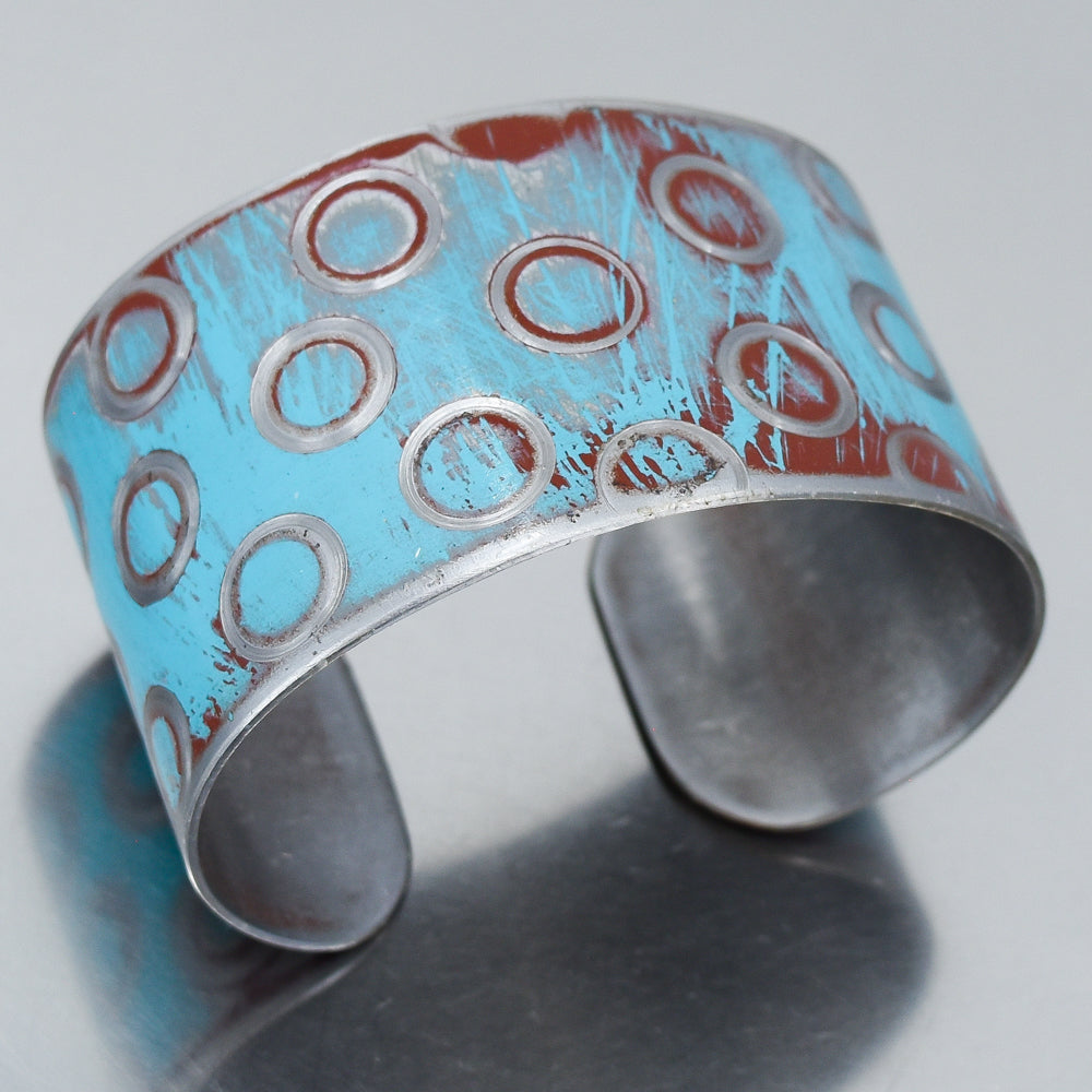 turquoise bracelet made from a 1964 Ford Thunderbird with the original car paint intact. Joyride Jewelry. Jewelry made from vintage cars. Handmade.