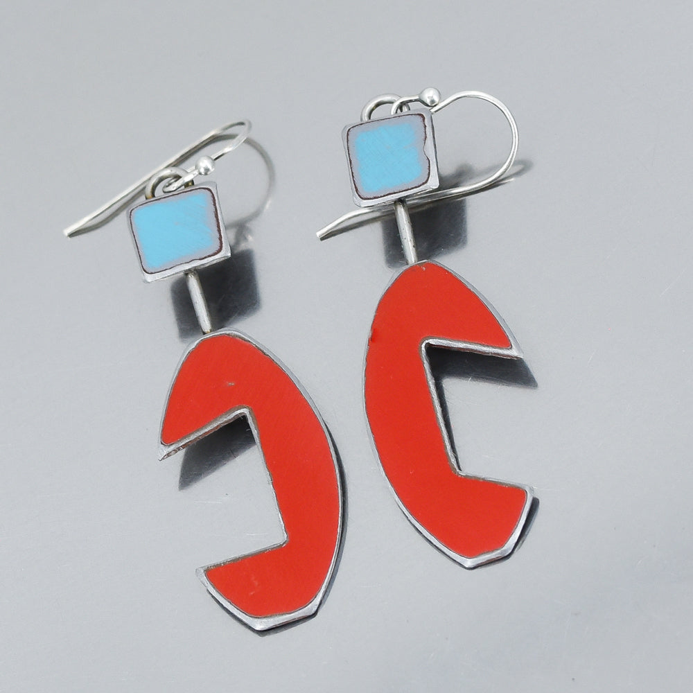 Earrings with a turquoise square and a red retro design. Made from a turquoise 64 Ford Thunderbird and a red 69 Mercury Monterey. Fun, original, unique, light weight earrings. Joyride Jewelry. Handmade earrings. Made from vintage cars with the original car paint intact. Mid century modern vibe.