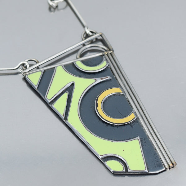 green and grey necklace handmade using vintage car parts with the original car paint intact. Joyride Jewelry. Jewelry made from vintage car parts. 
Fun, unique, original, colorful
sustainable, recycled 
mid century modern, retro vibe, 
Big, Bold, striking, statement, one of a kind necklace. oxidized sterling silver chain.
