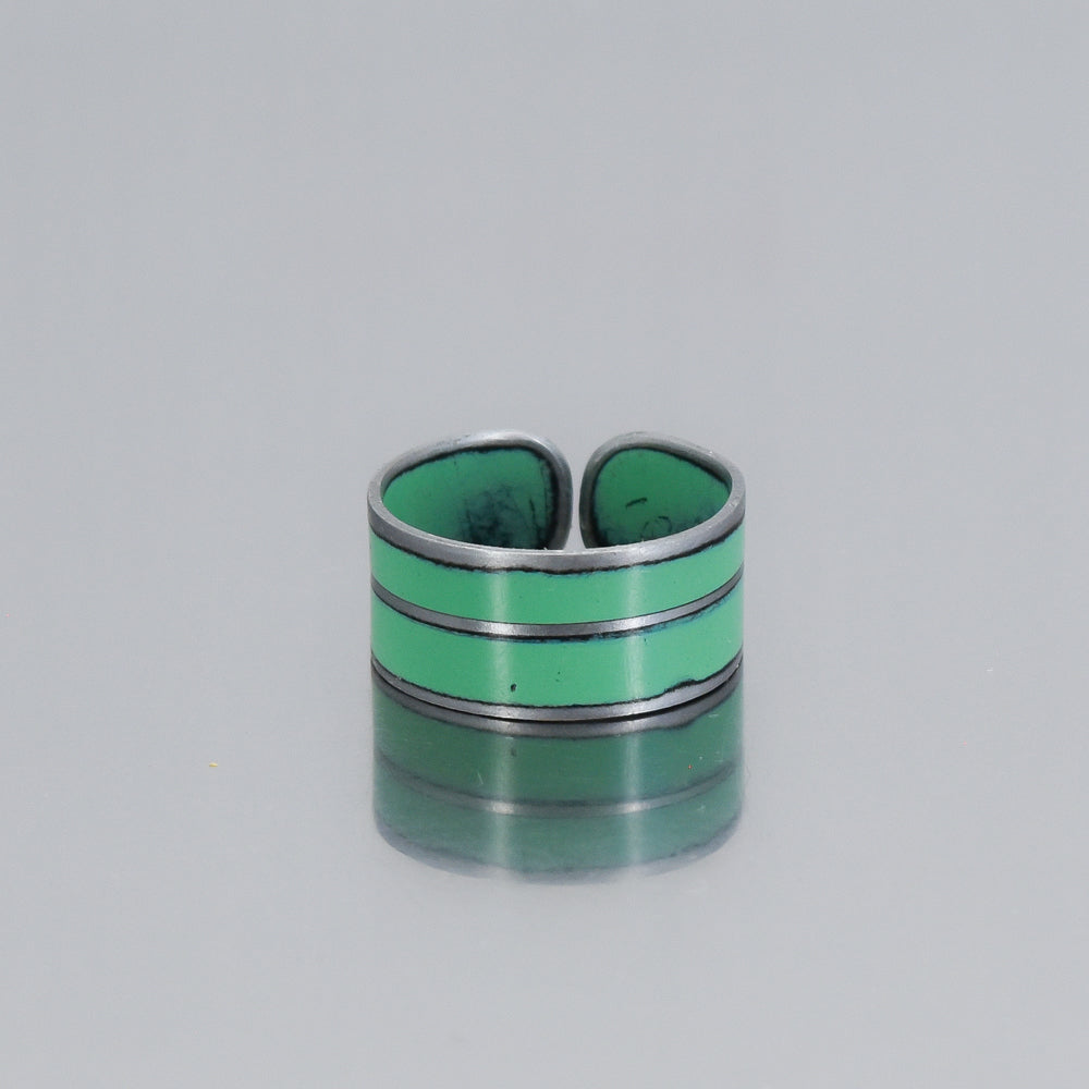 turquoise green band ring for men or women , slightly adjustable. handmade using vintage car parts with the original car paint intact. Joyride Jewelry. Jewelry made from vintage car parts.