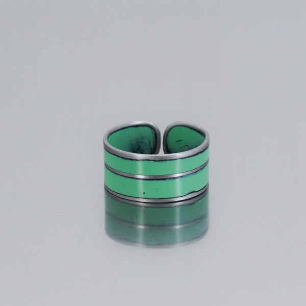 turquoise green band ring for men or women , slightly adjustable. handmade using vintage car parts with the original car paint intact. Joyride Jewelry. Jewelry made from vintage car parts.