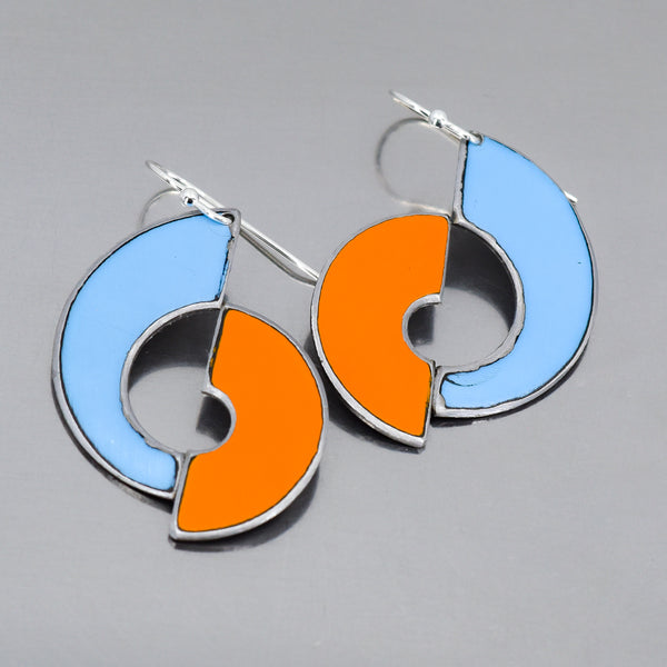 Sterling silver earrings featuring orange and blue 1977 and 1979 International Scout car paint, 1 7/8 inch long.