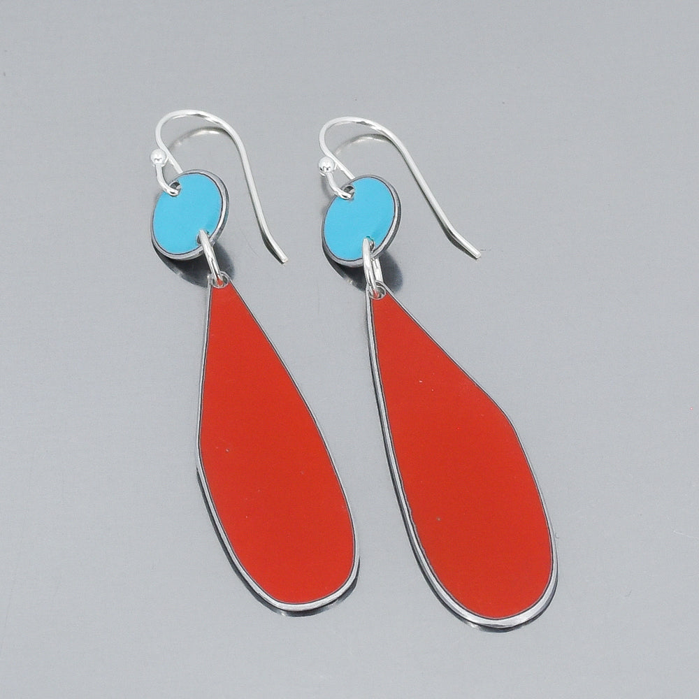 Silver earrings with bright turquoise and vivid red enamel inspired by 1964 Ford Thunderbird and 1969 Mercury Monterey paint