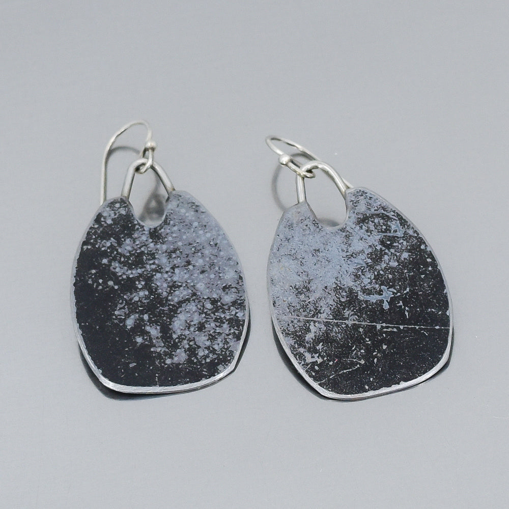 Silver drop earrings with black and grey patina made from 1986 Ford Bronco original painted metal