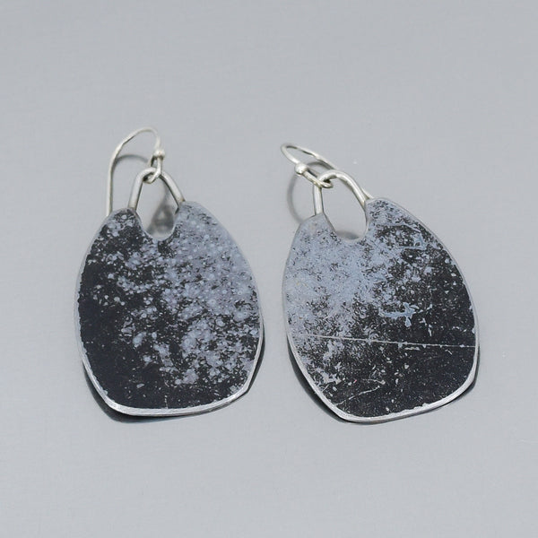 Silver drop earrings with black and grey patina made from 1986 Ford Bronco original painted metal