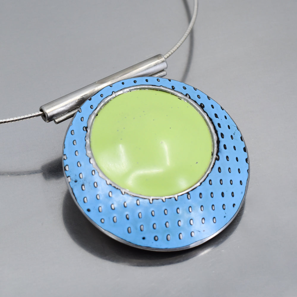 Round pendant necklace with blue and green original car paint on sterling silver cable chain