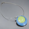 Sterling silver necklace with blue 77 International Scout and green 73 Plymouth Satellite car paint pendant, 2 1/8" long.