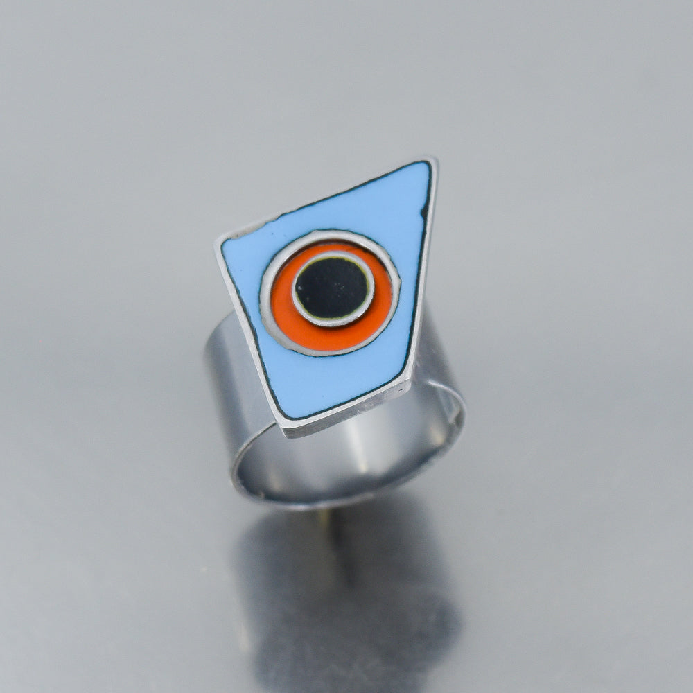 Silver ring with blue, orange, and black enamel inspired by 77 International Scout and 86 Ford Bronco paint colors