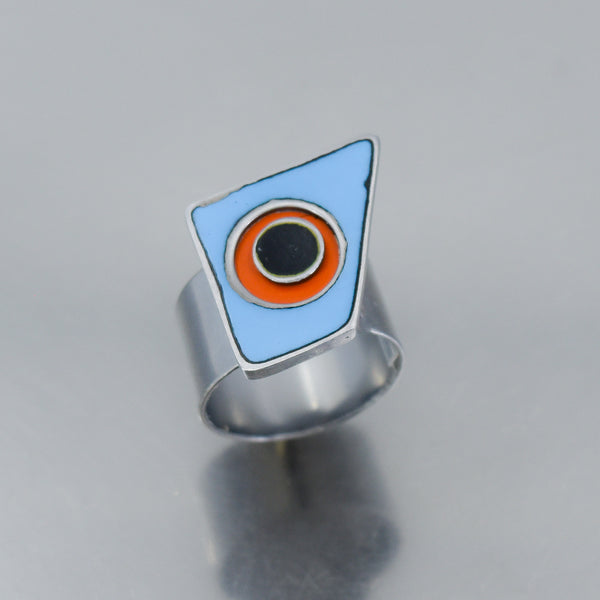 Silver ring with blue, orange, and black enamel inspired by 77 International Scout and 86 Ford Bronco paint colors