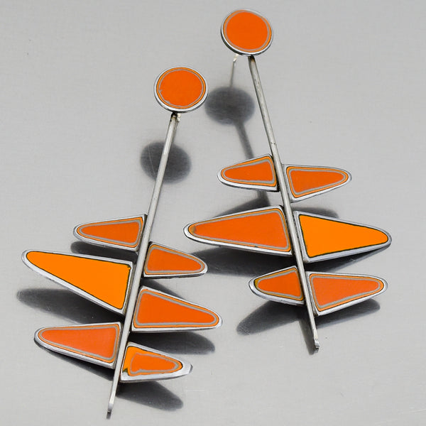Pair of sterling silver earrings with orange enamel shapes inspired by 79 International Scout car paint design