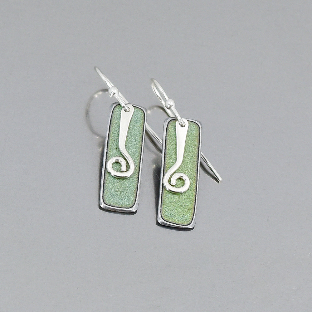 Pair of green rectangular sterling silver earrings with hand-forged spiral detail inspired by 69 Chevy Nova paint finish