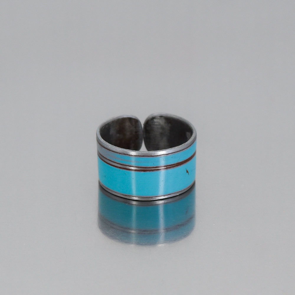 Adjustable ring with turquoise and silver stripes made from original 1964 Ford Thunderbird car paint