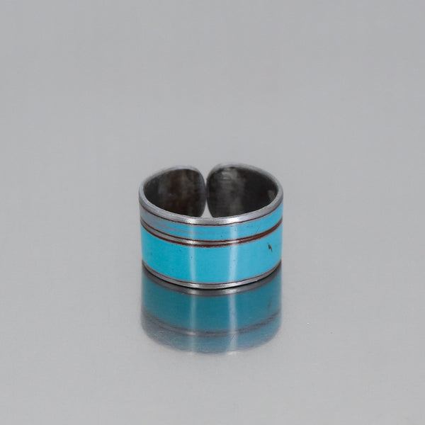 Adjustable ring with turquoise and silver stripes made from original 1964 Ford Thunderbird car paint