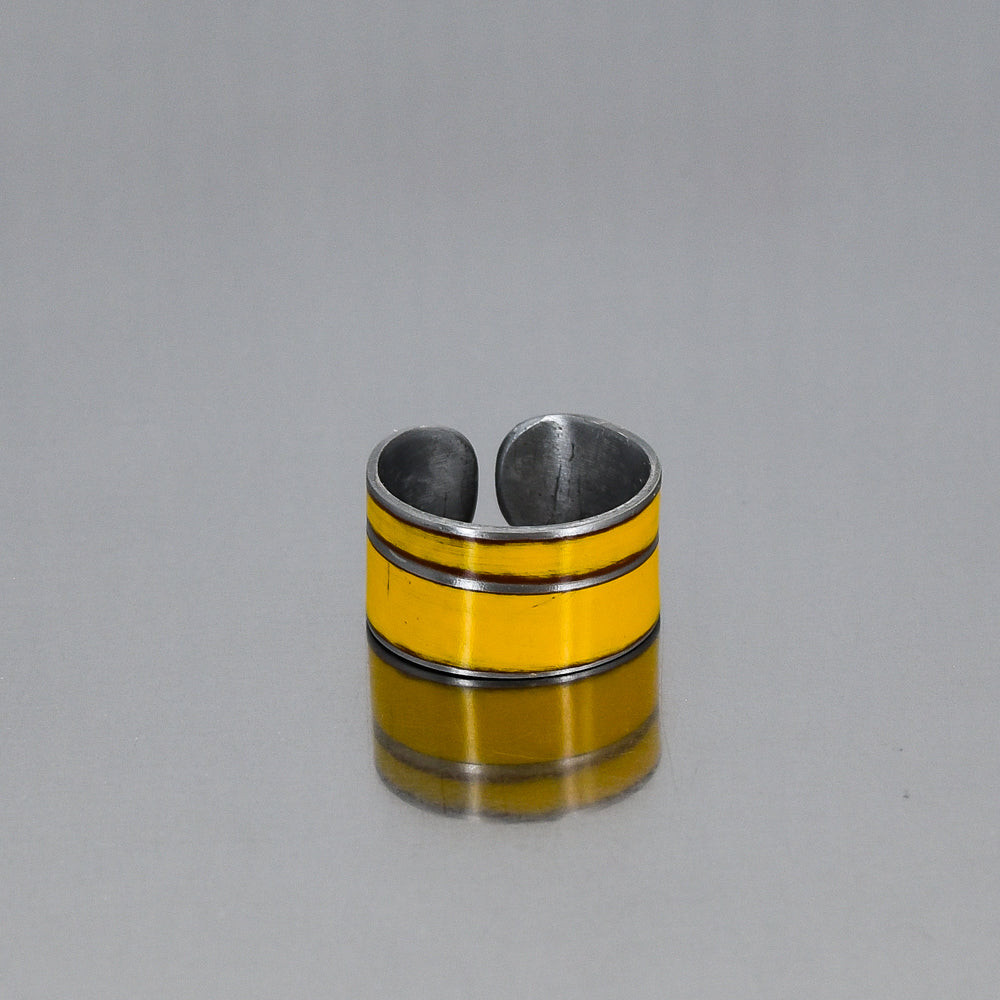 Silver ring with yellow enamel stripes made from original 72 Ford pickup painted steel, adjustable size band